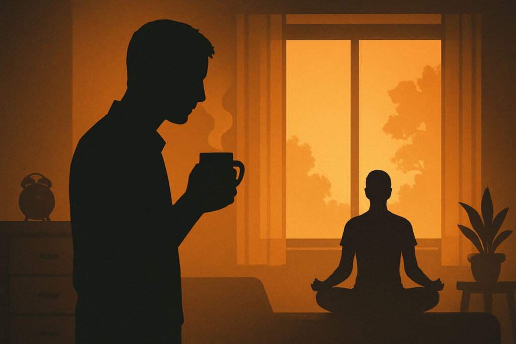 Silhouettes in a serene morning setting.